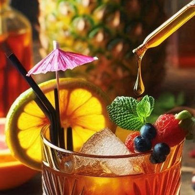 Cocktail mit Früchten, in den mit einer Pipette etwas hineingetropft wird.