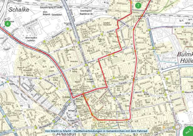 Ausschnitt aus der Stadtkarte Gelsenkirchen mit eingezeichnetem Radweg